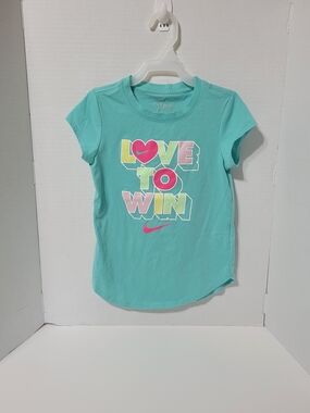 Nike Girls Graphic Tee Shirt “Love To Win” Aqua Pink Size 6X